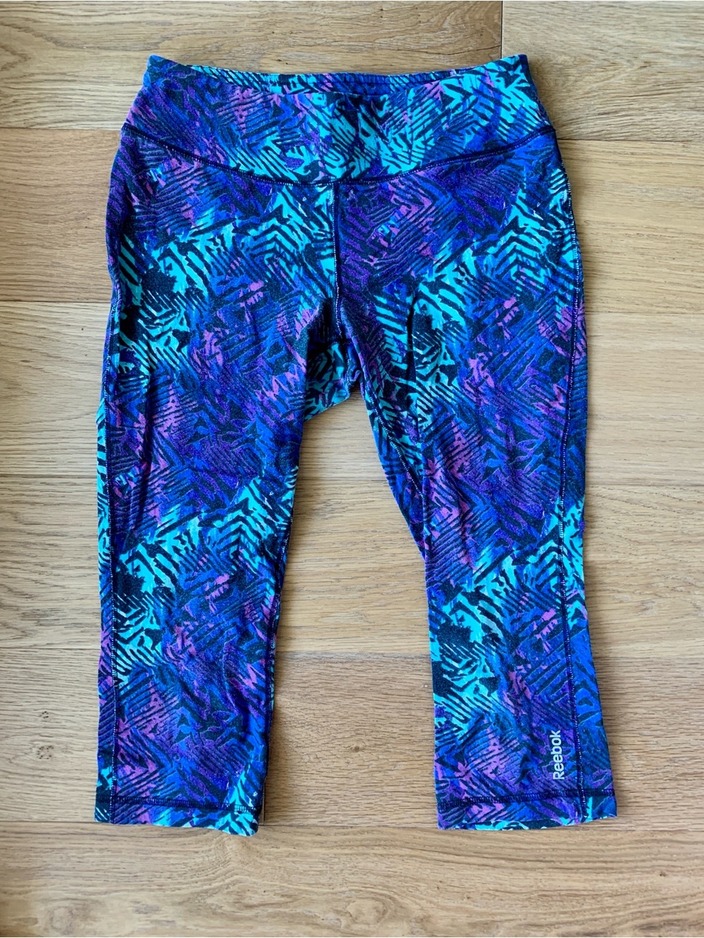 Reebok Women's Teal and Purple Patterned Yoga Capris